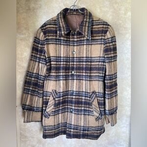 Vintage McElytor Brown Blue Plaid Wool Jacket 60s 70s Snap Button Front Unisex
